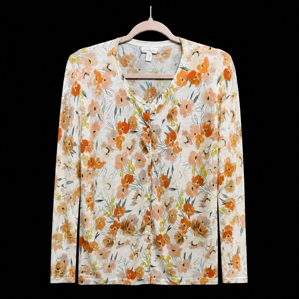 Garnet Hill Signiture Eco Merino Wool Floral Cardigan Sweater Women XL Cozy